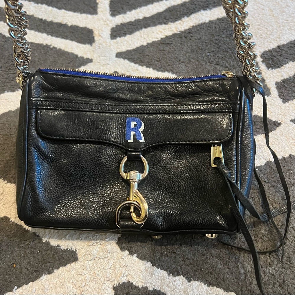 Rebecca Minkoff Monogram Mini Mac Black Leather blue polkadot lined bag